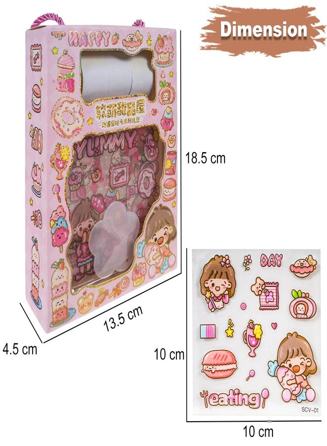 WISHKEY Cartoon Theme DIY Self Adhesive Stickers and Tapes, Stationery Items for Kids with Acrylic Plate, Stickers for Decorating Notebook, Diaries, Scrap Book, 3+ Years (Pack of 1, Assorted) - Image 4